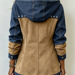 Patchwork hooded jacket, back view in navy with camel panels and stud accents