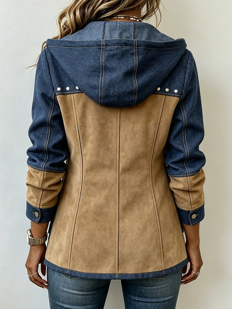 Patchwork hooded jacket, back view in navy with camel panels and stud accents
