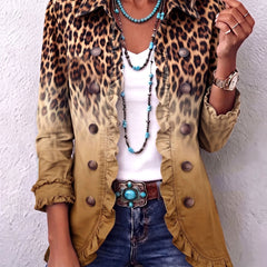 Ochre ombre leopard ruffle blazer jacket with button front, long sleeves, patch pockets