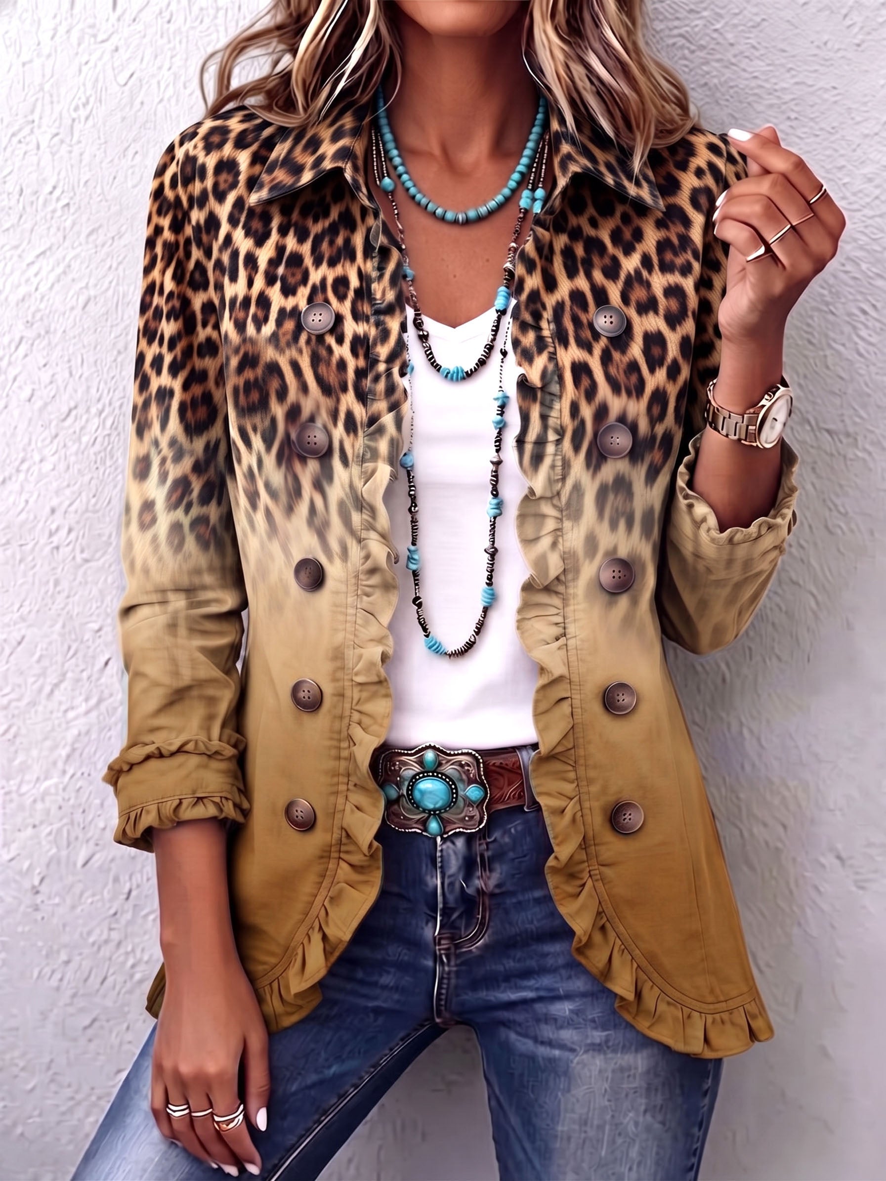 Ochre ombre leopard ruffle blazer jacket with button front, long sleeves, patch pockets