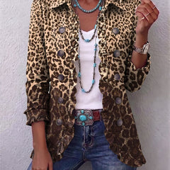 Leopard print ruffled button jacket with stand collar and 3/4 sleeves