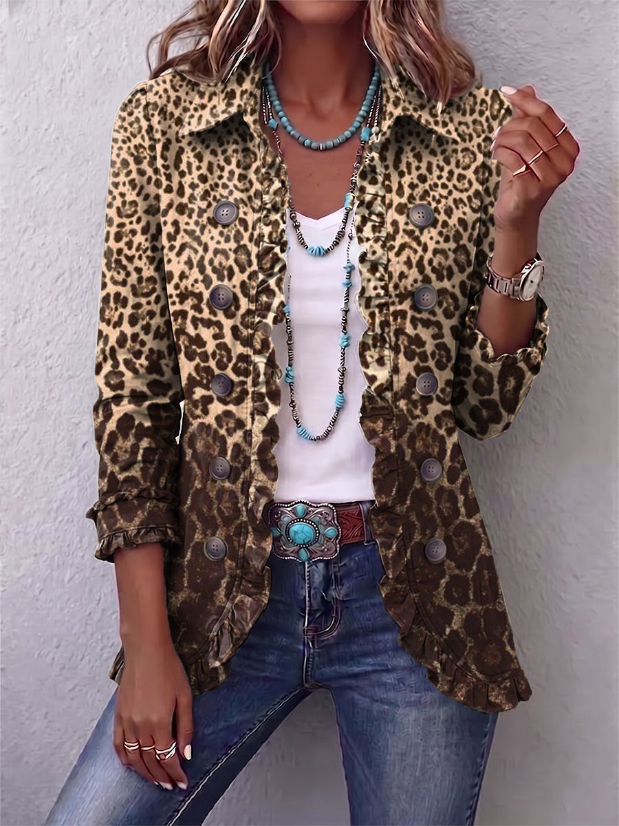 Leopard print ruffled button jacket with stand collar and 3/4 sleeves
