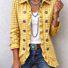 Yellow gingham ruffled button-down jacket with round buttons and frilled placket