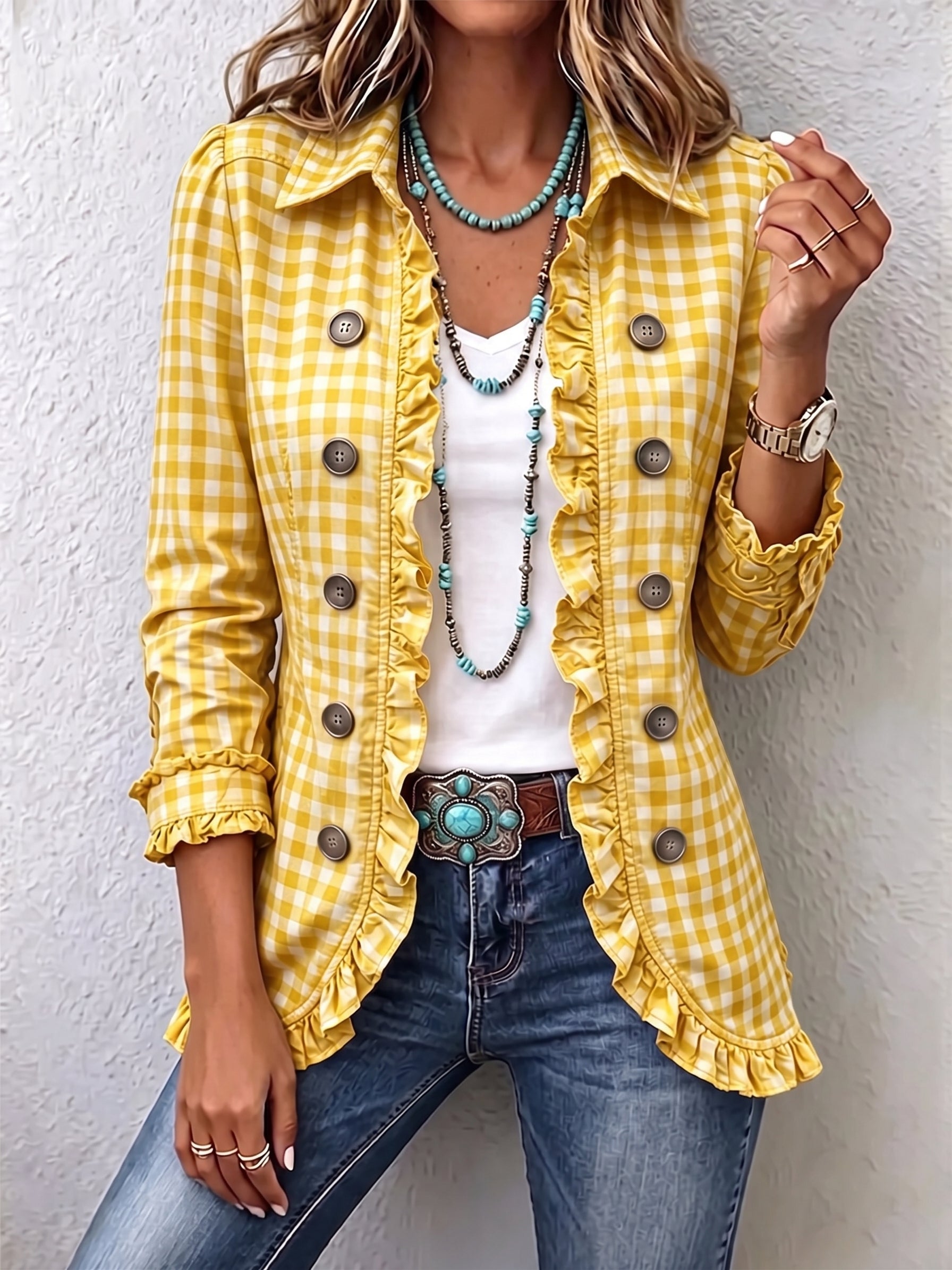 Yellow gingham ruffled button-down jacket with round buttons and frilled placket
