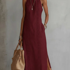 Relaxed embroidered midi dress in burgundy with sleeveless embroidered center panel