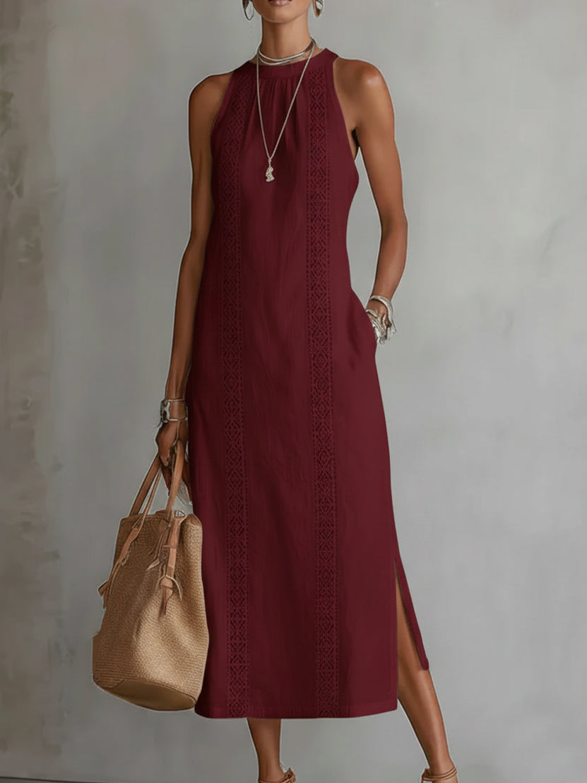 Relaxed embroidered midi dress in burgundy with sleeveless embroidered center panel