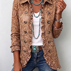 Brown vintage bohemian floral ruffled jacket with button front and ornate paisley print
