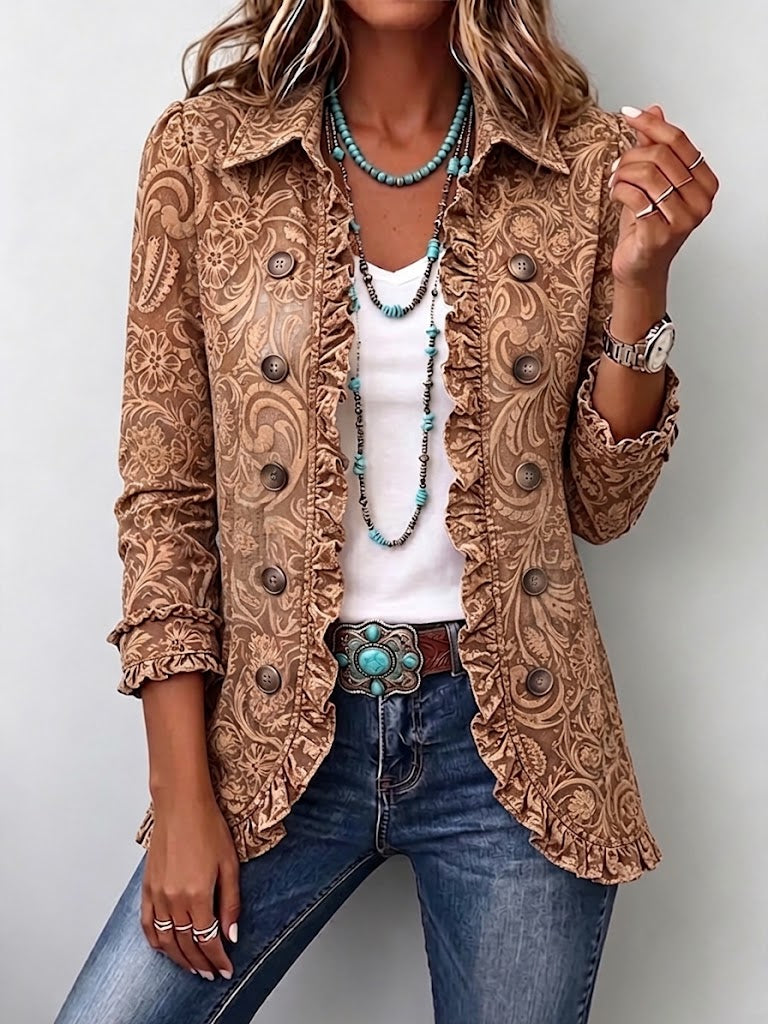 Brown vintage bohemian floral ruffled jacket with button front and ornate paisley print