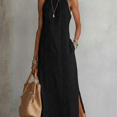 Relaxed embroidered midi dress in black with mandarin collar and vertical embroidered panel