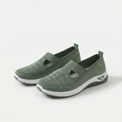 Scarpe ortopediche ammortizzanti slip-on verdi in tessuto traspirante con suola bianca