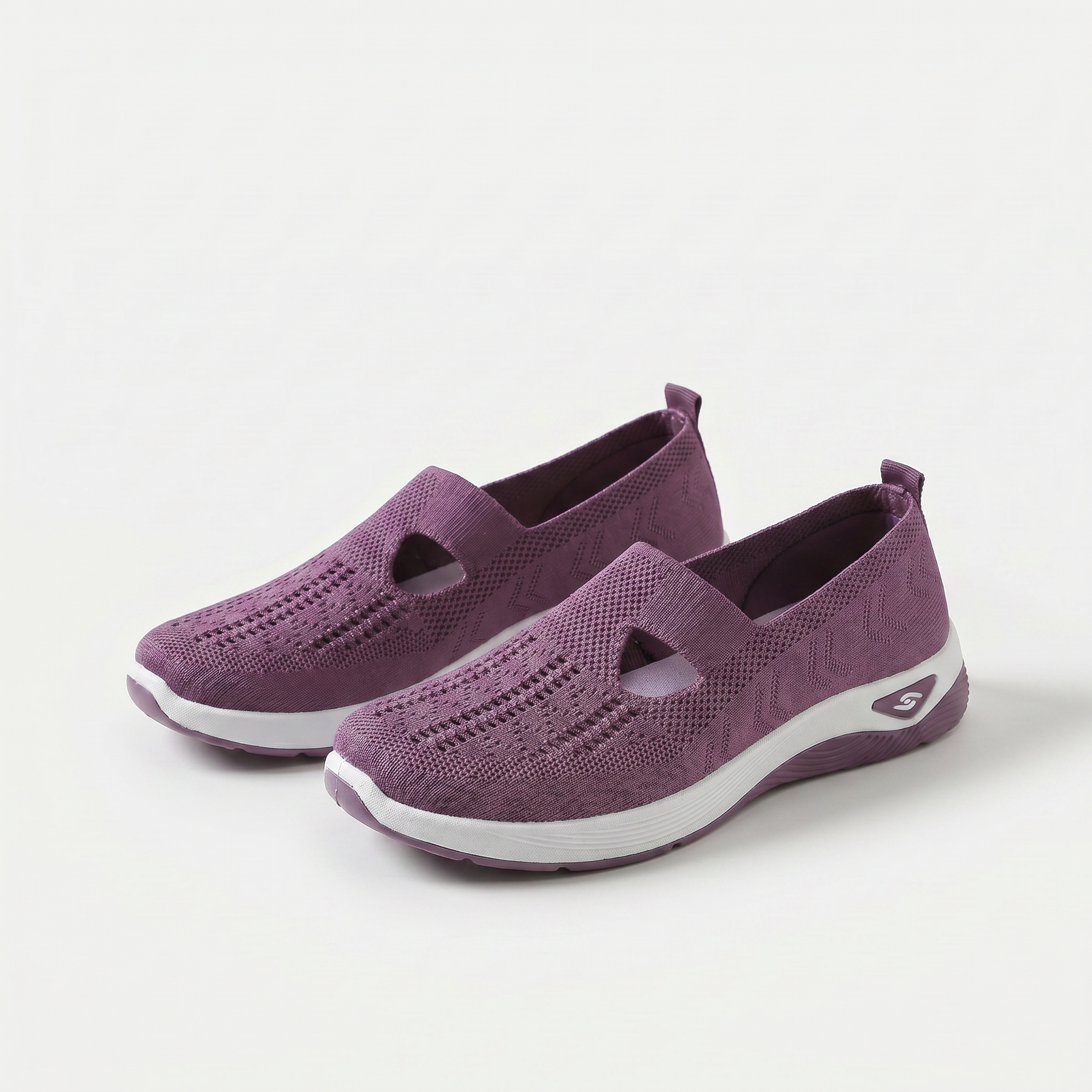 Scarpe ortopediche ammortizzanti slip-on viola in maglia traforata con suola bianca