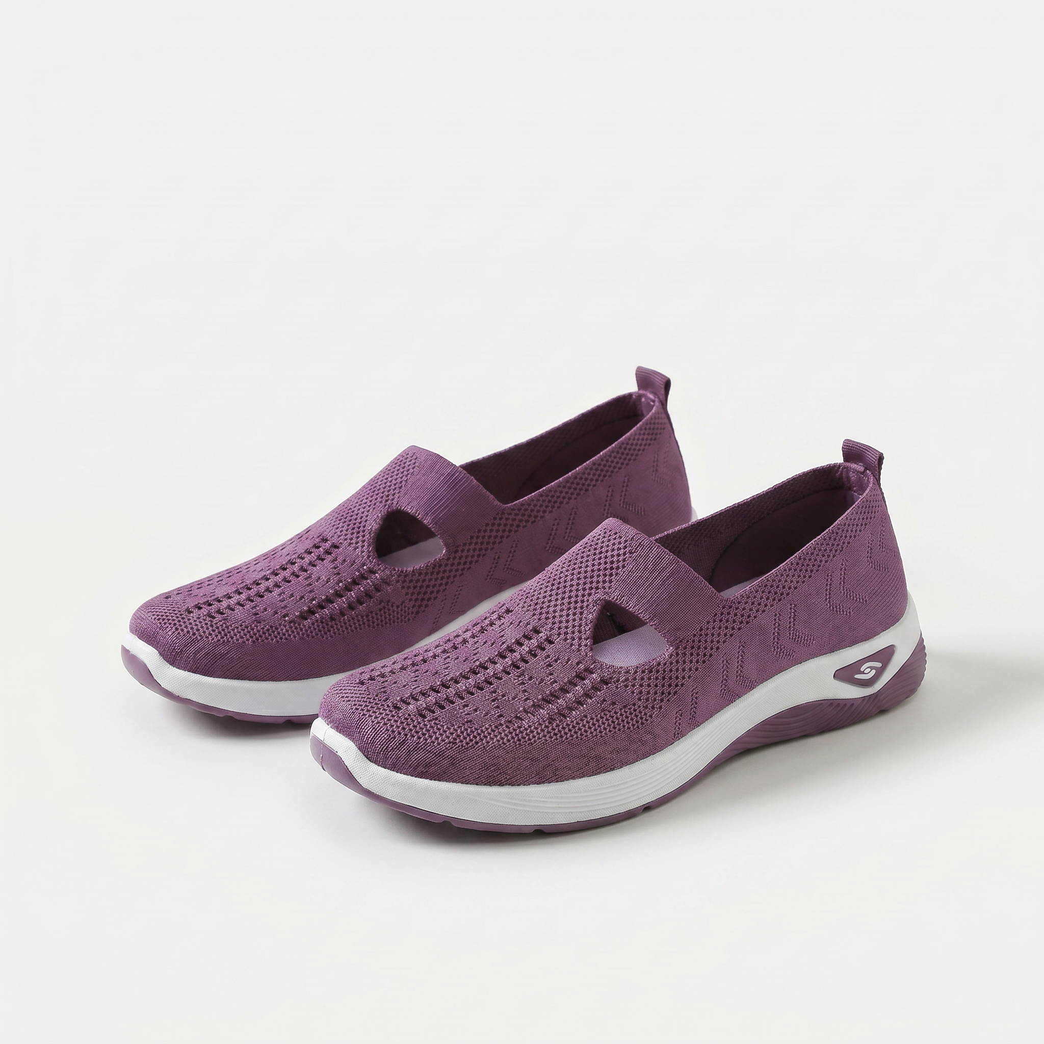 Scarpe ortopediche ammortizzanti slip-on viola in maglia traforata con suola bianca