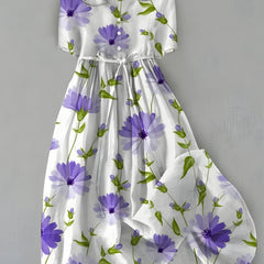 White purple floral bloom dress with short sleeves and gathered waist