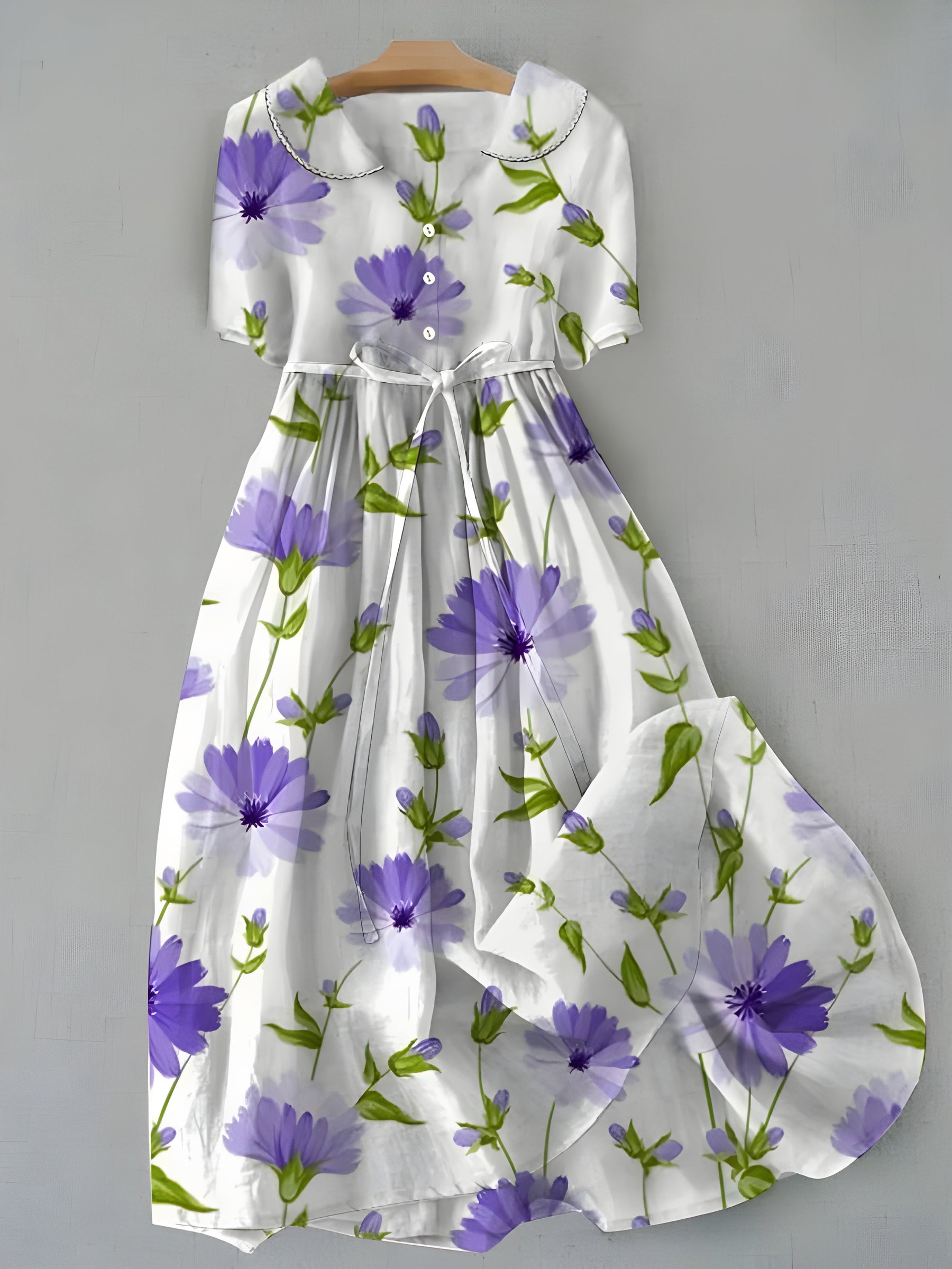 White purple floral bloom dress with short sleeves and gathered waist