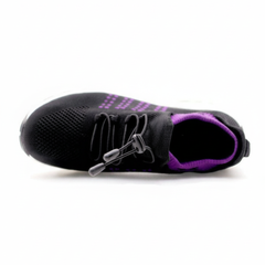 Scarpa comfort ortopedica nera con dettagli a griglia viola e lacci.