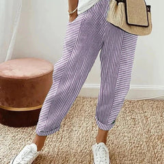 Classic striped trousers, lilac with white vertical stripes and cuffed hems