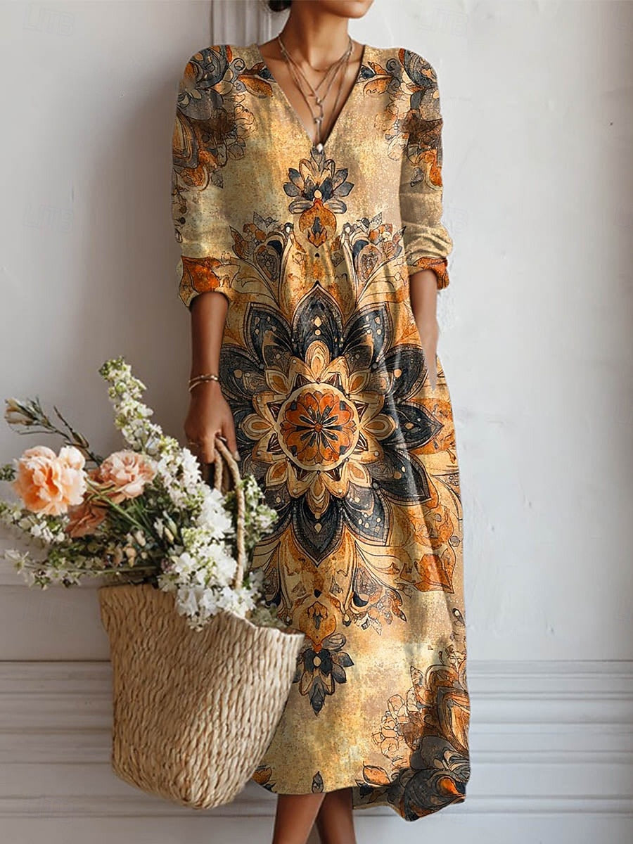 Abito midi da donna con stampa floreale multicolore, scollo a V e maniche lunghe