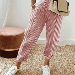 Lightweight striped trousers in red with cuffed ankle hem and relaxed legs