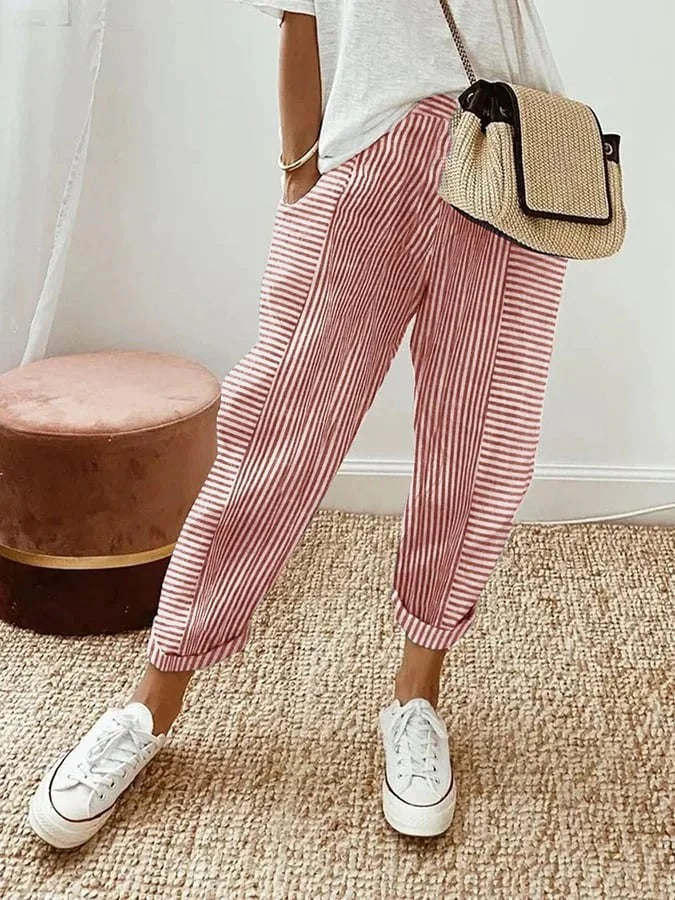 Lightweight striped trousers in red with cuffed ankle hem and relaxed legs
