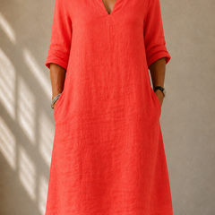 Relaxed V-neck midi dress, coral red, three-quarter sleeves