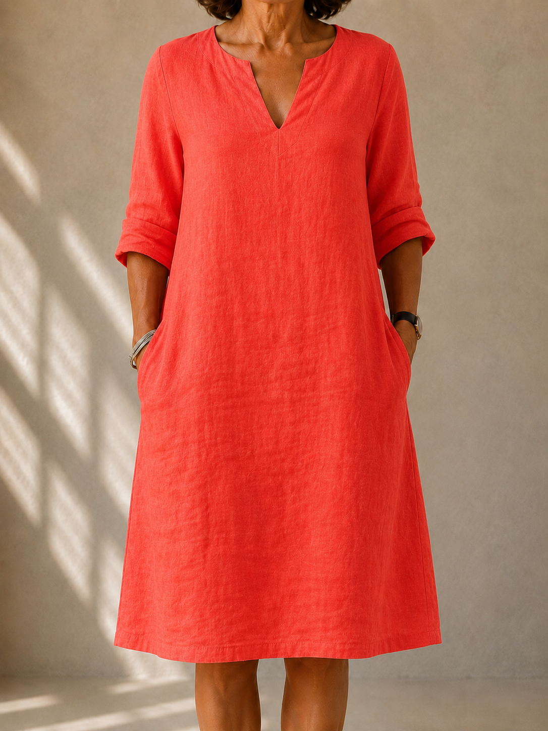 Relaxed V-neck midi dress, coral red, three-quarter sleeves