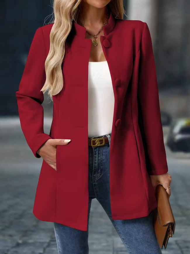 Red classic elegant jacket with notch collar and front button closures
