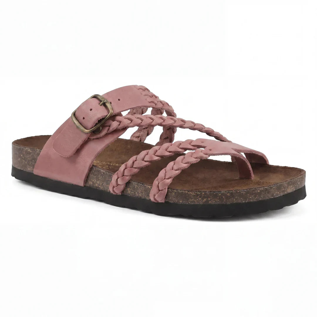 Sandali ortopedici con plantare comfort, cinturini intrecciati rosa antico e fibbia
