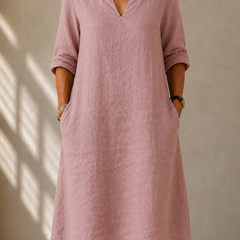 Women's classic V-neck midi dress, dusty rose, three-quarter sleeves