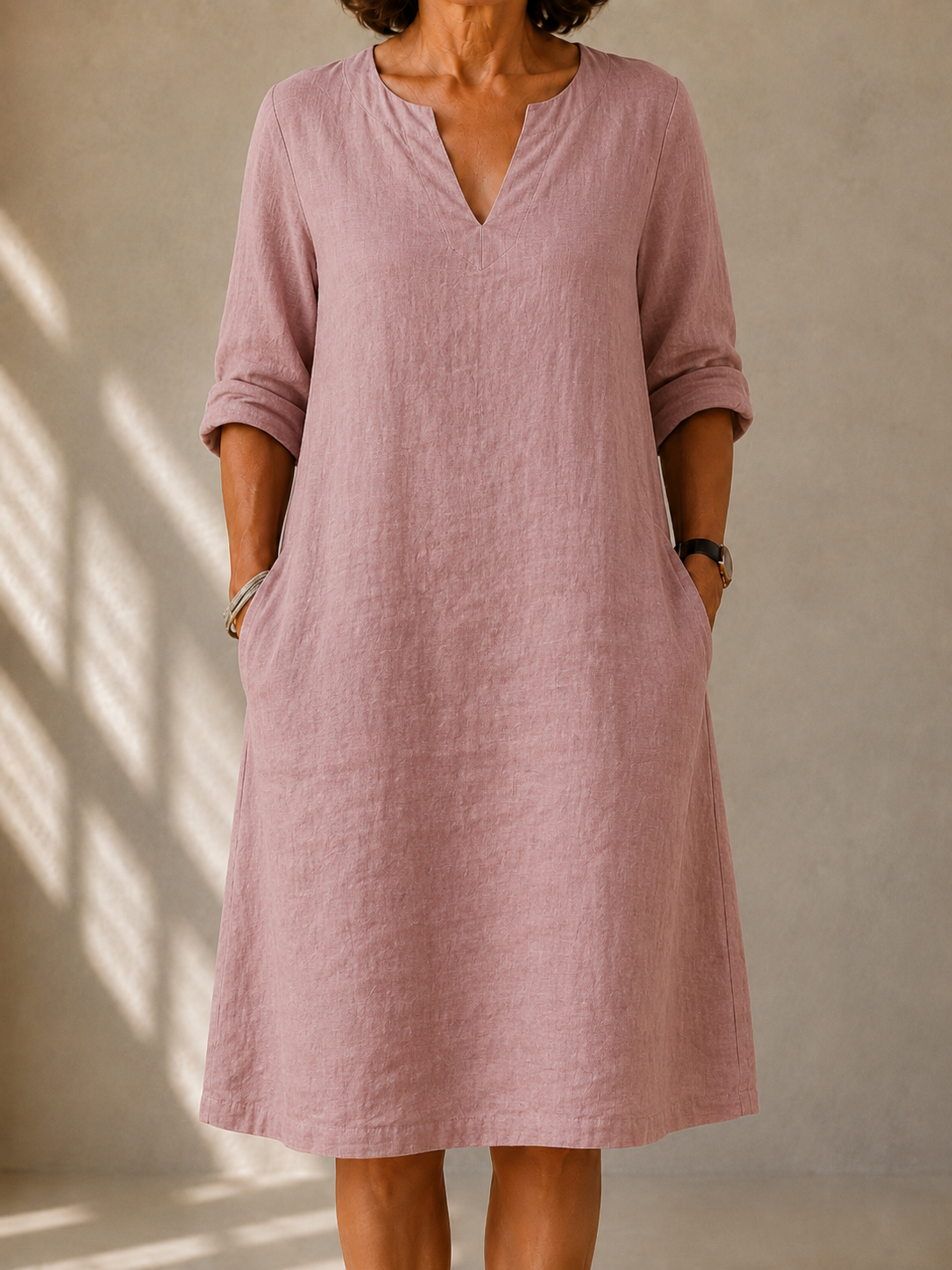 Women's classic V-neck midi dress, dusty rose, three-quarter sleeves