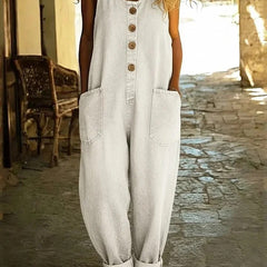 White wide-leg cotton denim pants with front button placket and side patch pockets