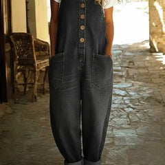 Black wide-leg denim pants with front button placket and side patch pockets