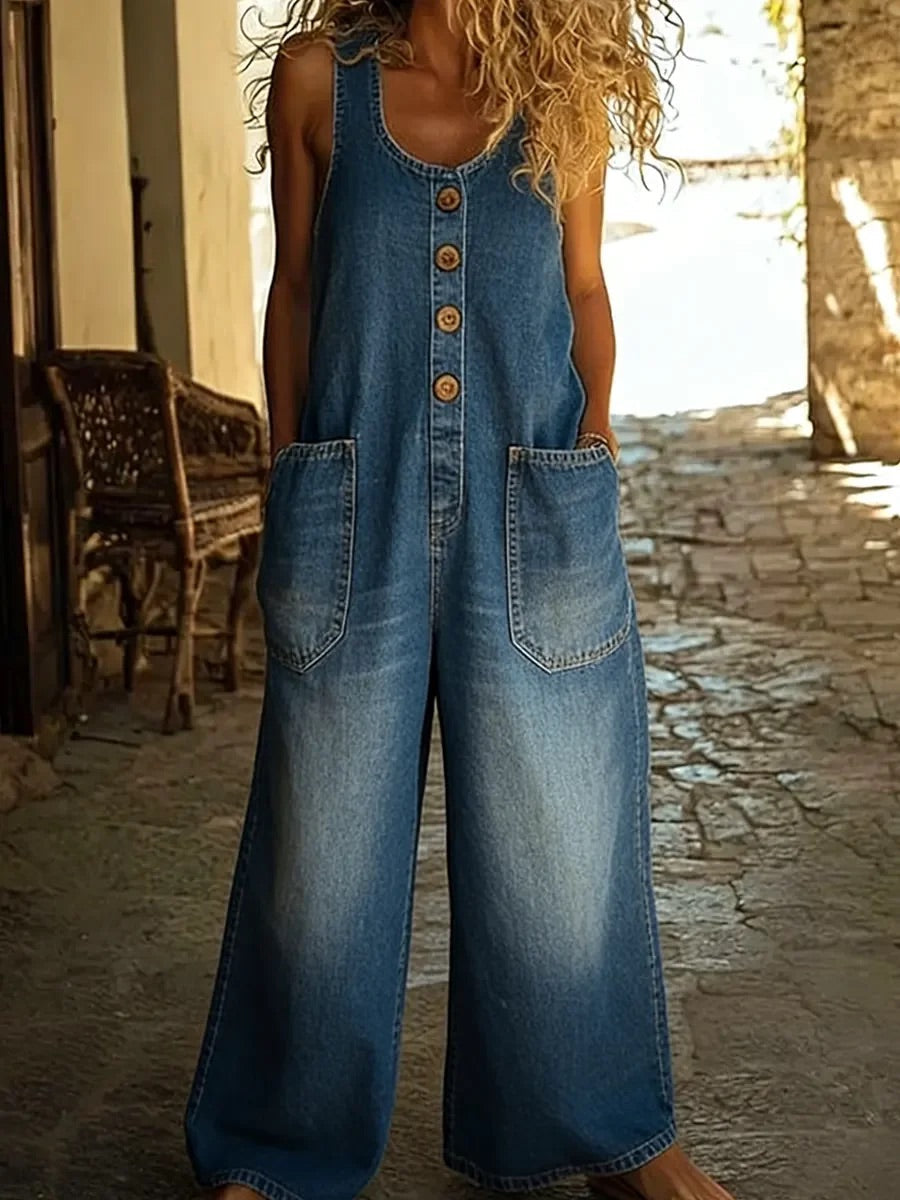 Blue denim overalls, sleeveless with button front and two chest pockets, wide legs