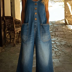 Blue wide-leg denim pants with front button placket and side patch pockets