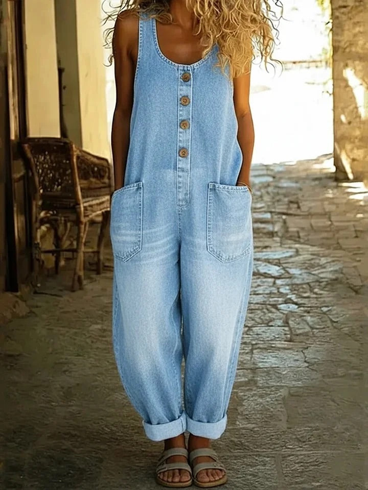 Light blue wide-leg denim pants with front button placket and side patch pockets