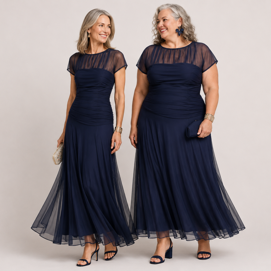 Navy chiffon maxi dress with ruched bodice and tiered sheer tulle skirt