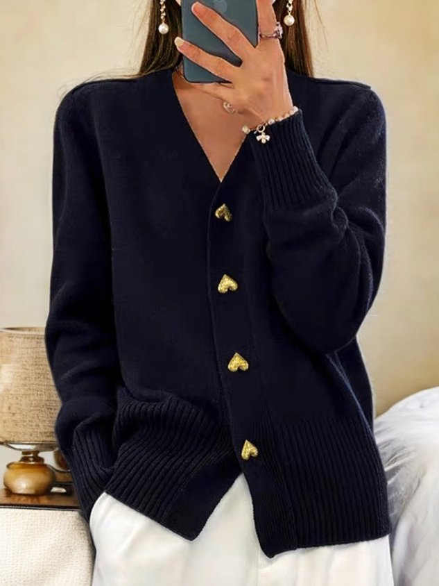Black knit cardigan with V-neck, ribbed cuffs, and gold button accents