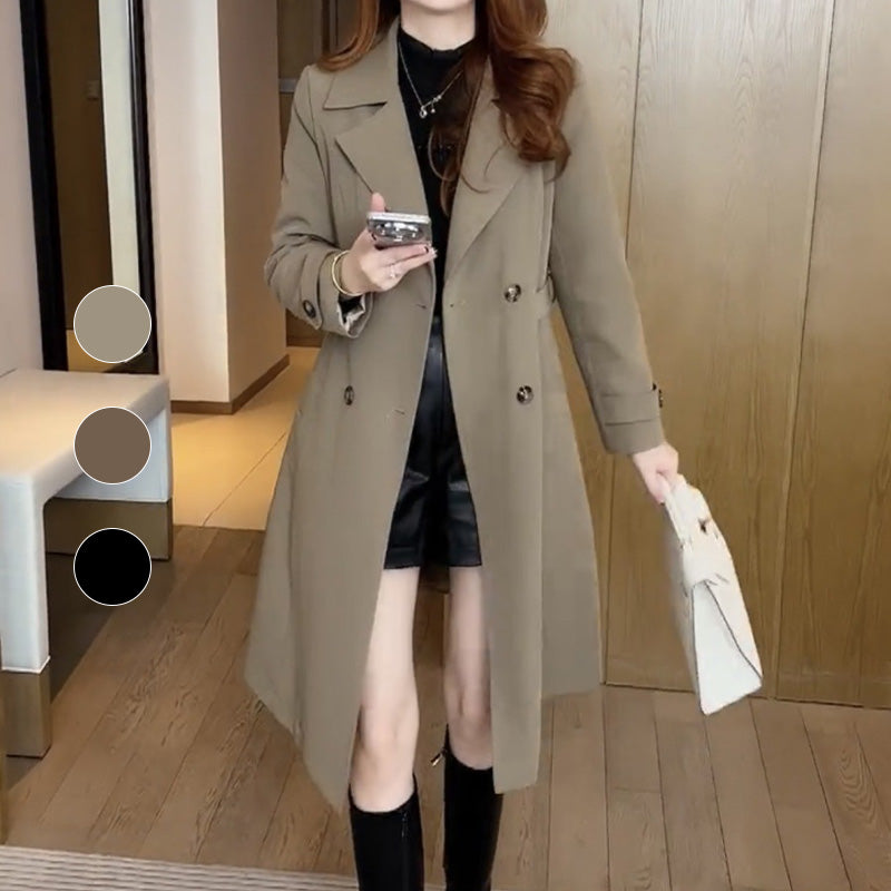 Nadine beige trench coat with double-breasted buttons, belted waist, long sleeves and pockets