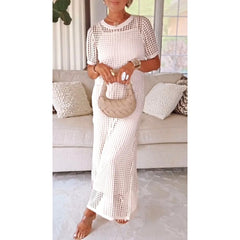 Abito lungo traforato bianco con maniche corte e scollo tondo, inserti cut-out
