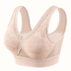 Nude seamless lace support bra, wide lace straps, mesh underbust panel