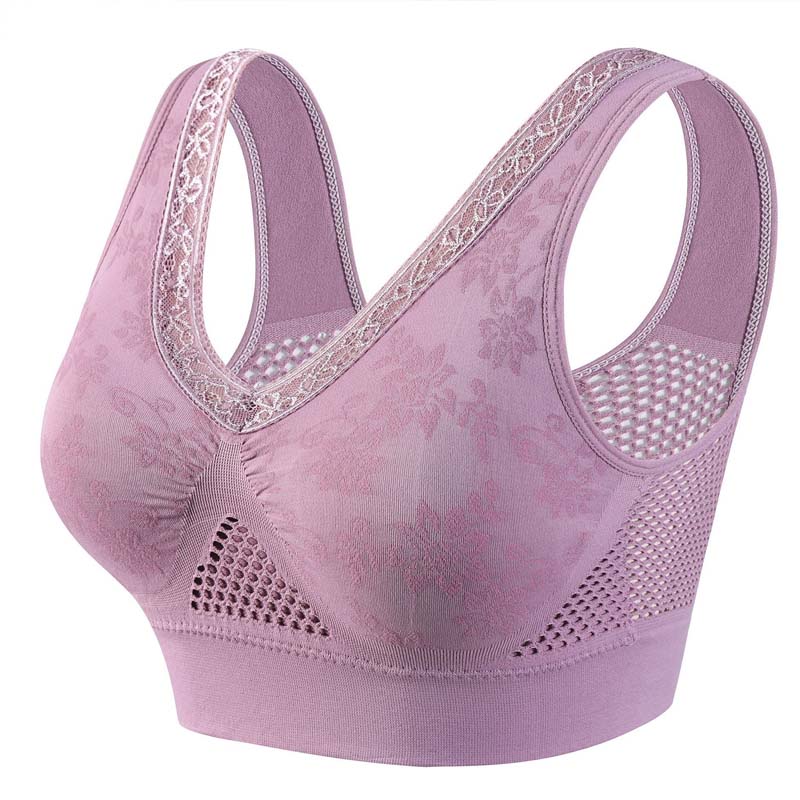 Purple seamless lace support bra with wide lace straps and mesh underbust