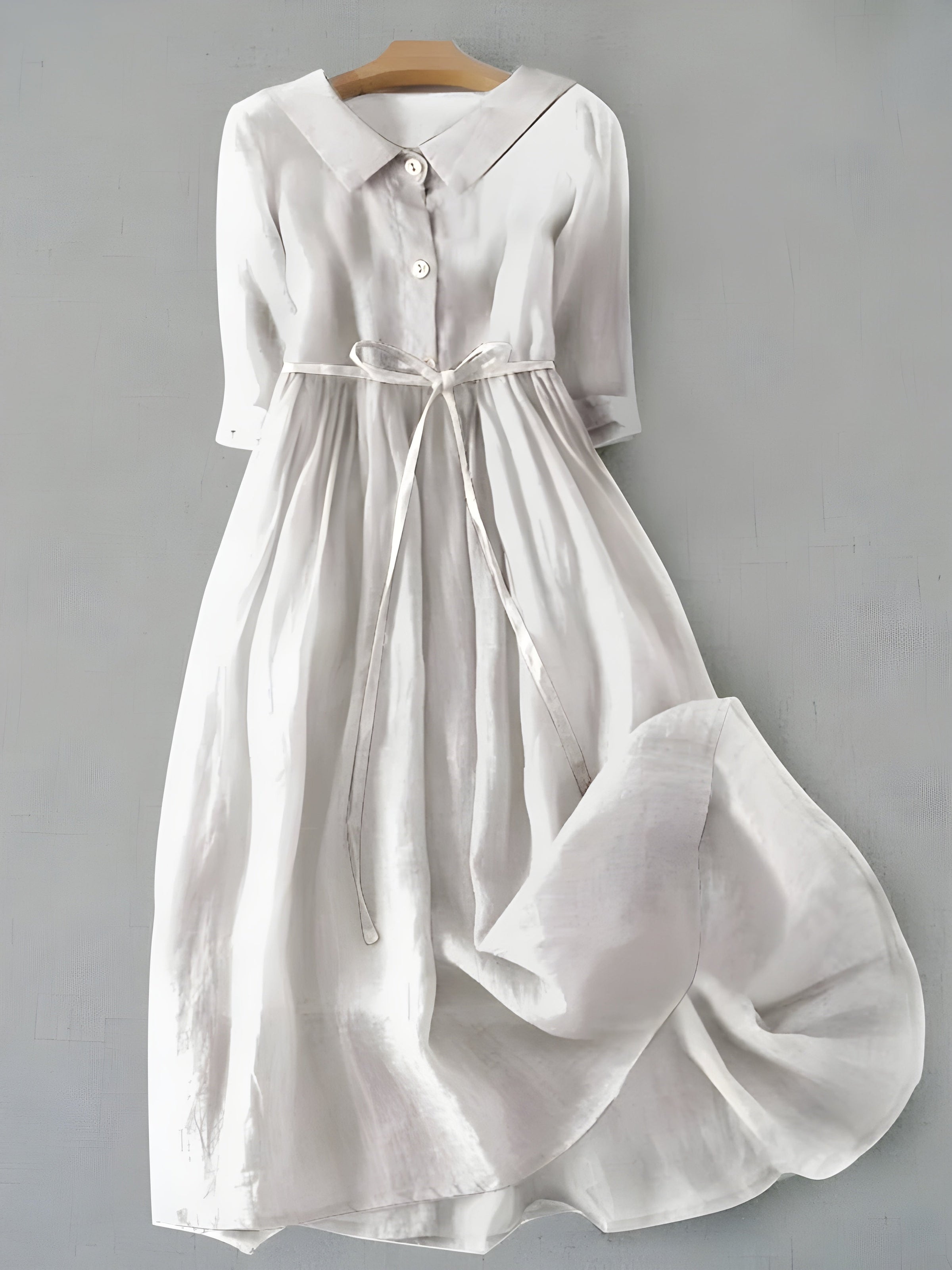 White Grace dress with button front, V-neck, short sleeves, tied waist, gathered skirt