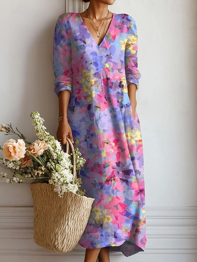 Abito da giorno multicolore con scollo a V e maniche lunghe, lunghezza midi