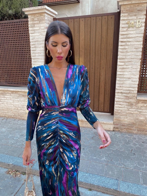 Blue and purple abstract print ruched midi dress, long sleeves and deep V neckline