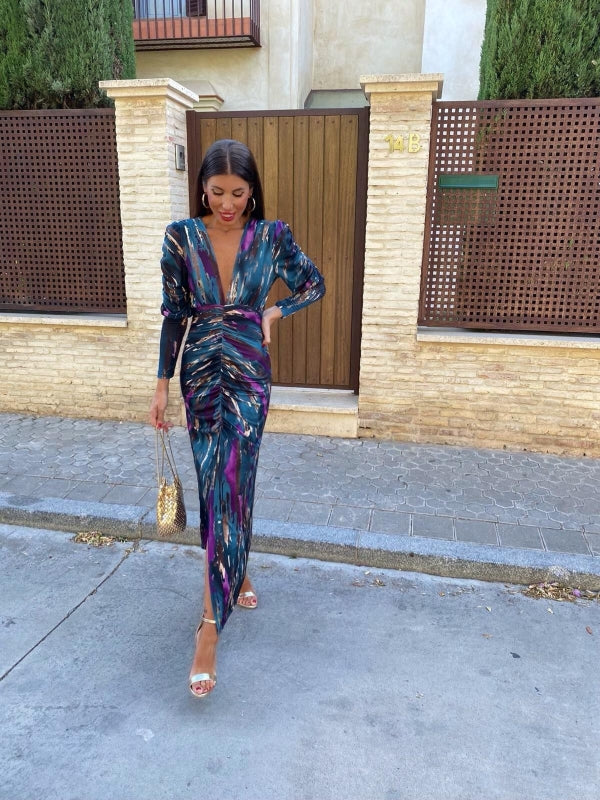 Blue and purple abstract print long-sleeve midi dress with ruched waist and thigh slit