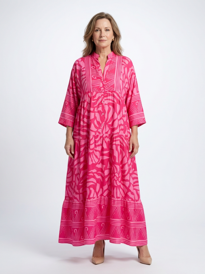 Pink button-front midi dress with 3/4 sleeves and tiered skirt detail
