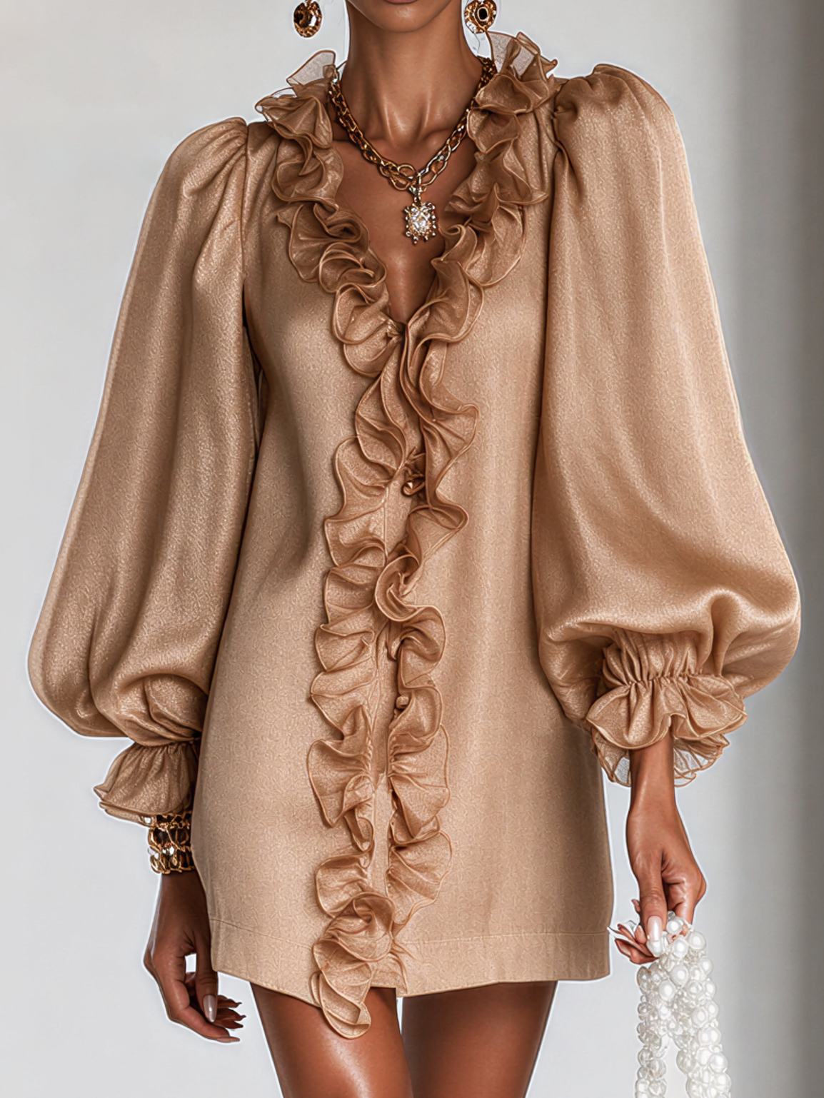 Brown ruffle-sleeve mini dress with layered ruffle front and elastic cuffs