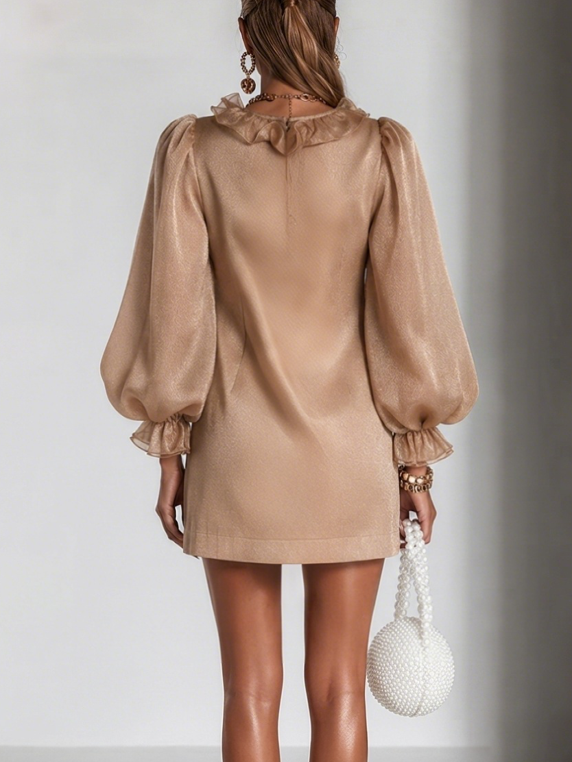 Brown satin mini dress from back view with voluminous puff sleeves
