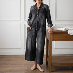 Washed black denim button-through maxi dress with collar and front patch pockets