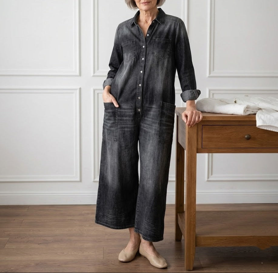 Washed black denim button-through maxi dress with collar and front patch pockets