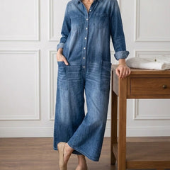 Washed blue denim button-through maxi dress with collar and front patch pockets